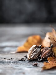 Leinwandbilder - Two Dried Seed Pods Surrounded by Autumn Leaves on a Wooden Surface : Generative AI