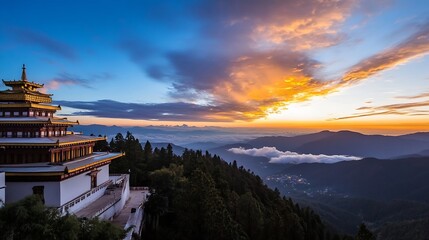Aufkleber - Majestic sunrise over mountain temple with clouds embracing the peaks in a serene landscape : Generative AI