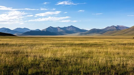 Poster - Expansive grass fields under a clear sky with distant mountains creating a serene rural landscape : Generative AI