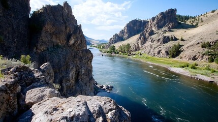 Poster - Stunning natural landscape featuring rocky cliffs beside a serene river surrounded by lush greenery and mountains : Generative AI