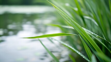 Fototapete - Close up of green grass blades glistening with water droplets beside a tranquil lake : Generative AI