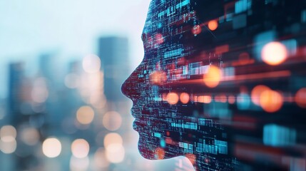 Leinwandbilder - Abstract digital art depicting a female silhouette against a backdrop of glowing data and city lights : Generative AI