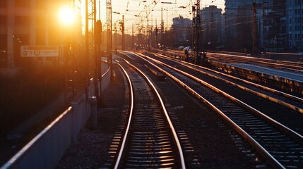 Aufkleber - Golden hour sunlight illuminating train tracks creating a beautiful silhouette against the urban backdrop : Generative AI