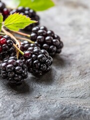 Poster - Bountiful Blackberry Cluster with Dark Berries Surrounded by Lush Green Leaves on Textured Background : Generative AI