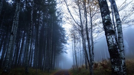 Leinwandbilder - Mysterious foggy path through birch trees in a serene forest landscape : Generative AI
