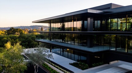 Aufkleber - Modern architectural design of a sleek glass office building surrounded by landscape : Generative AI