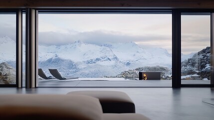 Aufkleber - Modern interior view showcasing a cozy retreat with panoramic windows and snowy mountains in the background : Generative AI