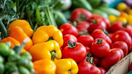 Poster - Colorful assortment of fresh vegetables including tomatoes and bell peppers at a vibrant farmers market : Generative AI