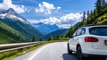 Aufkleber - Scenic drive featuring a white SUV navigating a winding mountain road against a breathtaking landscape : Generative AI