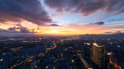 Fototapete - An aweinspiring panoramic view of a city skyline at sunset with vibrant colors illuminating the urban landscape : Generative AI