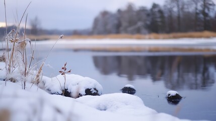 Poster - Winter landscape featuring snowcovered ground and calm river reflecting the landscape : Generative AI