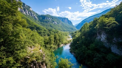 Poster - Breathtaking landscape view with lush greenery and a flowing river amidst majestic mountains : Generative AI