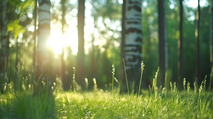 Aufkleber - Sunlight filtering through trees in a peaceful forest setting with lush greenery : Generative AI