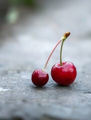 Poster - Close up of two juicy red cherries with a natural cherry stem in refreshing composition : Generative AI