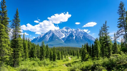 Poster - Breathtaking Mountain Landscape Surrounded by Lush Green Pines and Clear Blue Sky : Generative AI
