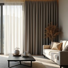 Fototapete - Living room interior with blackout curtains and minimalist furniture. Japandi style beige sofa, coffee table. Windows with daylight. Home decor, cozy aesthetic, modern apartment.