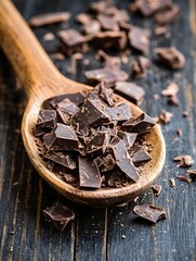 Aufkleber - Delicious dark chocolate chunks on a wooden spoon against a rustic background : Generative AI