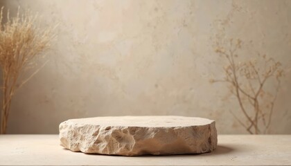 Aufkleber - Stone podium with natural texture for product presentation. Grey cement wall background with minimalist design, empty space. Showcase cosmetic product, modern advertising.
