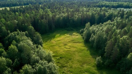 Poster - Aerial view of a peaceful green forest surrounded by lush trees and open fields in natural sunlight : Generative AI