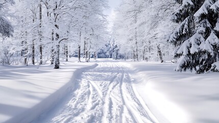 Aufkleber - Snowcovered pathway winding through a tranquil winter forest blanketed in white snow and reflections : Generative AI