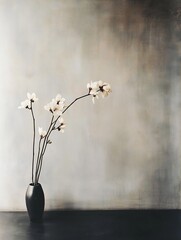 Poster - Elegant white orchid flower arrangement in a dark vase set against a textured background : Generative AI