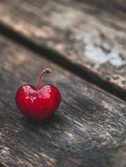 Poster - Single heartshaped cherry resting on rustic wooden texture capturing the essence of fresh and vibrant nature : Generative AI