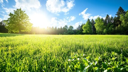 Poster - Lush Green Field Under a Bright Blue Sky with Sunlight Streaming Through Trees : Generative AI