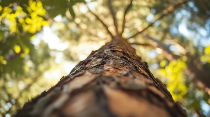 Aufkleber - Majestic view of a towering tree trunk captured in soft focus with sunlight filtering through branches : Generative AI