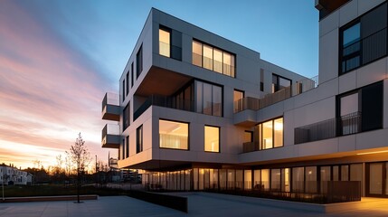 Aufkleber - Modern architecture featuring a stylish residential building illuminated by warm sunset light : Generative AI