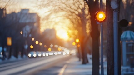 Poster - Bright sunset view with traffic lights glowing and blurred cars on a winter evening : Generative AI