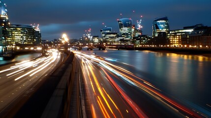 Poster - Vibrant Night Skyline with Colorful Light Trails from Cars on Glimmering Riverbank : Generative AI