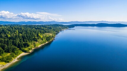 Aufkleber - Breathtaking aerial view of lush green coastline meeting calm blue waters under a clear sky : Generative AI