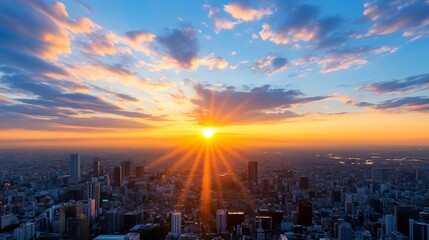 Aufkleber - Stunning sunset over a bustling city skyline with vibrant colors and dramatic cloud formations : Generative AI