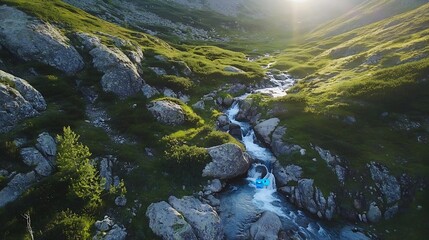 Aufkleber - Stunning view of a serene river flowing through rocky terrain in the mountains during golden hour light : Generative AI