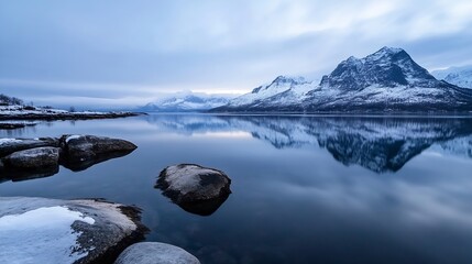 Poster - Serene Reflection of Majestic Mountains in Calm Lake with Snowy Landscape : Generative AI