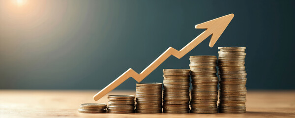 Poster - Stacks of coins ascending. Wooden arrow points upward. Financial growth, wealth increase, investment success concept. Economic progress, market trends, financial planning, business start-up, saving.