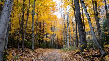 Aufkleber - Autumn Forest Pathway Surrounded by Vibrant Colorful Leaves and Trees : Generative AI