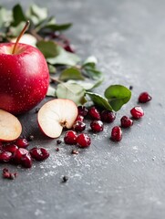 Poster - Fresh red apple with sliced pieces and pomegranate seeds on a textured background : Generative AI
