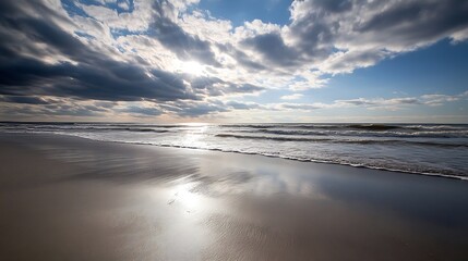 Leinwandbilder - Dramatic beach scene showcasing vibrant sky with sunlight breaking through clouds at twilight : Generative AI