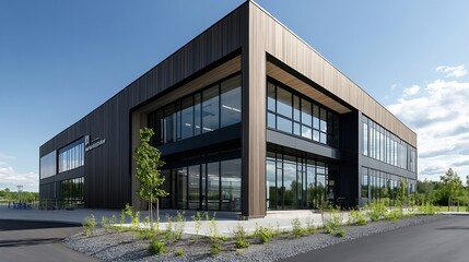 Poster - Modern architectural building with large glass windows surrounded by green landscaping and clear blue skies : Generative AI
