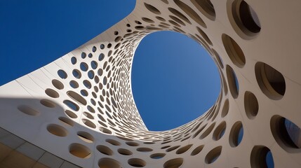 Leinwandbilder - Unique architectural design featuring circular cutouts against a bright blue sky resembling modern art : Generative AI