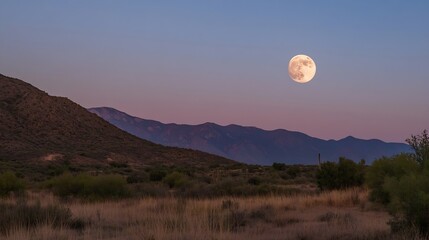 Aufkleber - Breathtaking view of a full moon rising over majestic mountains during twilight creating a serene landscape : Generative AI