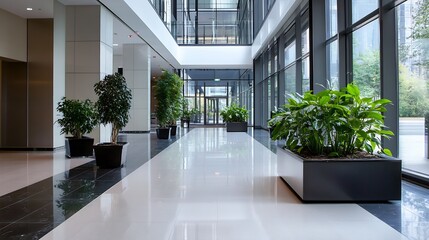 Poster - Contemporary office corridor featuring elegant plants and vast glass windows illuminating the interior : Generative AI