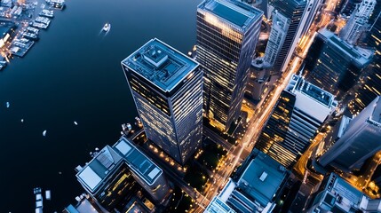 Aufkleber - Dramatic aerial view of a bustling city at night showcasing illuminated skyscrapers and vibrant waterways : Generative AI