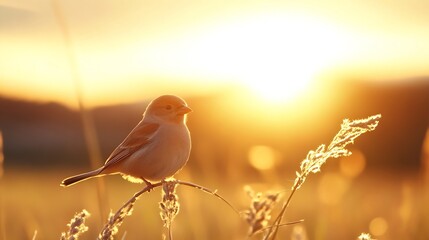 Poster - Charming bird perched gracefully on a grass stalk against a mesmerizing golden sunrise illuminating the vibrant scene : Generative AI