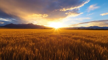 Aufkleber - Golden wheat field under a dramatic sunset sky with vibrant colors and distant mountains creating a serene landscape : Generative AI