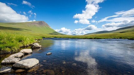 Poster - Breathtaking landscape of a clear river flowing through verdant fields under a dynamic cloudfilled sky : Generative AI