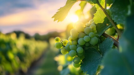 Aufkleber - Closeup of fresh green grapes basking in golden sunlight in a vineyard : Generative AI