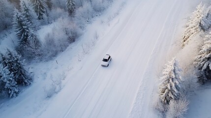 Aufkleber - Aerial View of a Car Driving Along a Snowy Road Surrounded by Frost Covered Trees : Generative AI