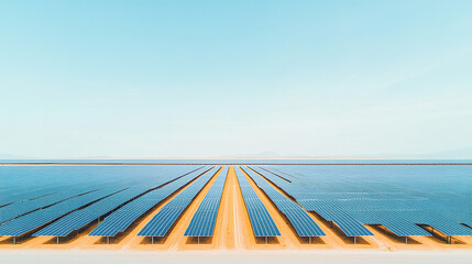 Vast array of solar panels stretches across the landscape, harnessing the sun's energy for a sustainable future. Green energy source.